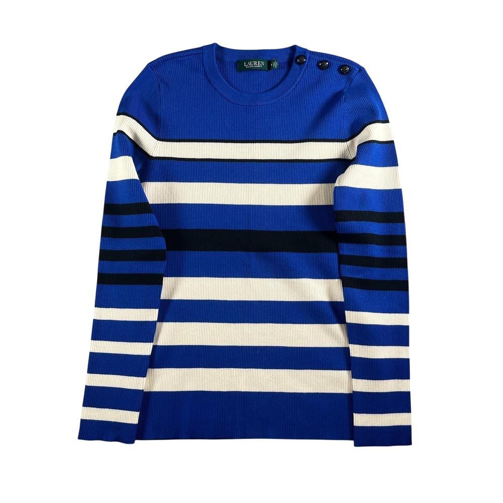 Lauren Ralph Lauren Women's Long Sleeve Blue/White/Black Striped Top Size Medium